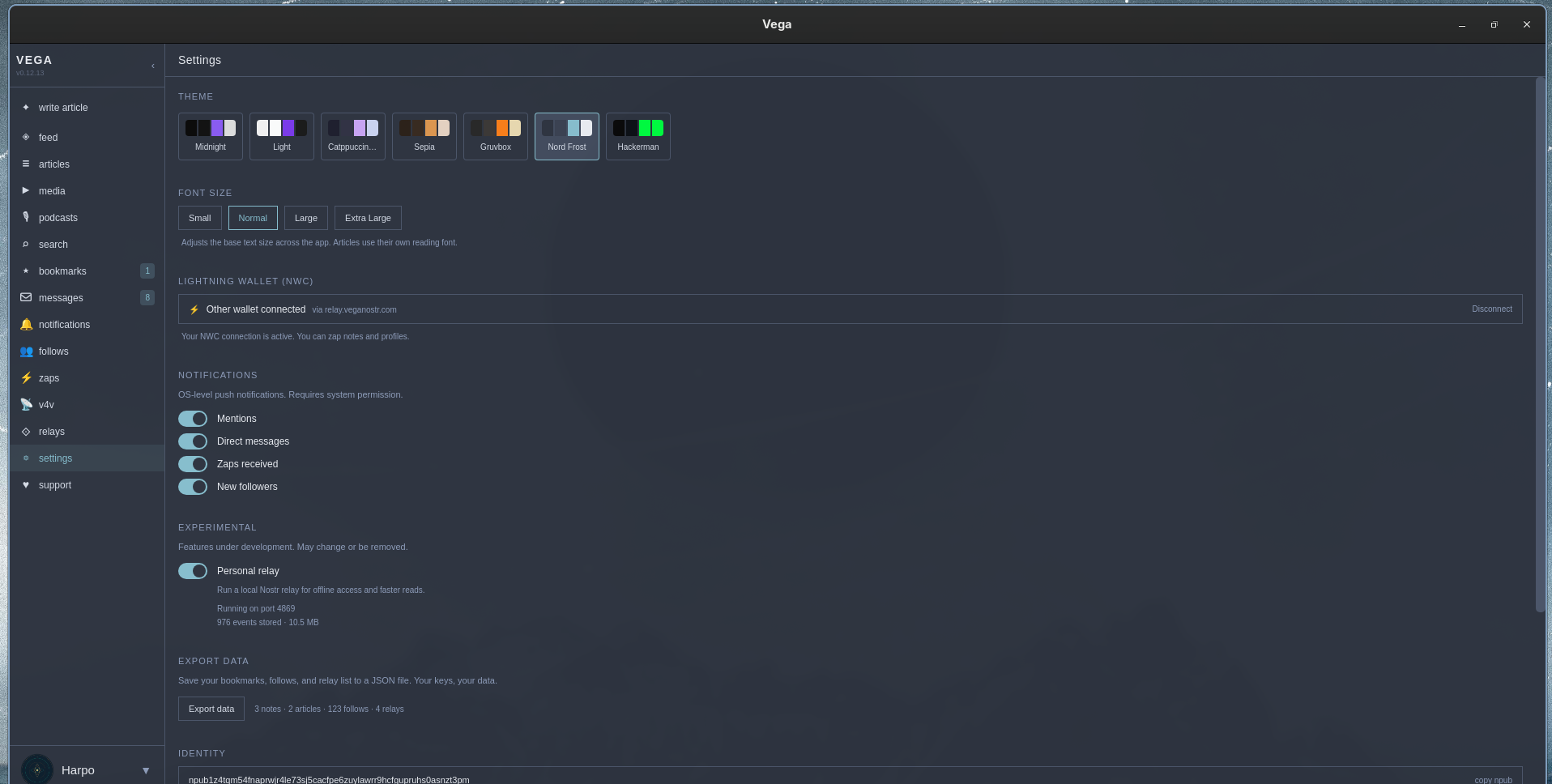 Vega desktop app settings showing themes, Lightning wallet, notifications and embedded personal relay controls